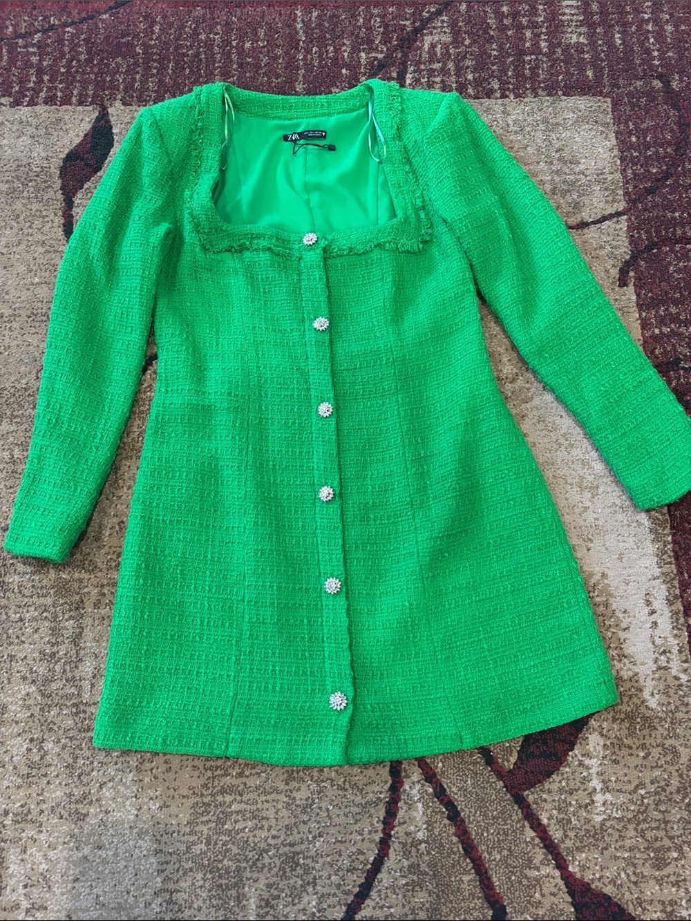 Zara Emerald Green Tweed Dress with Crystal Button